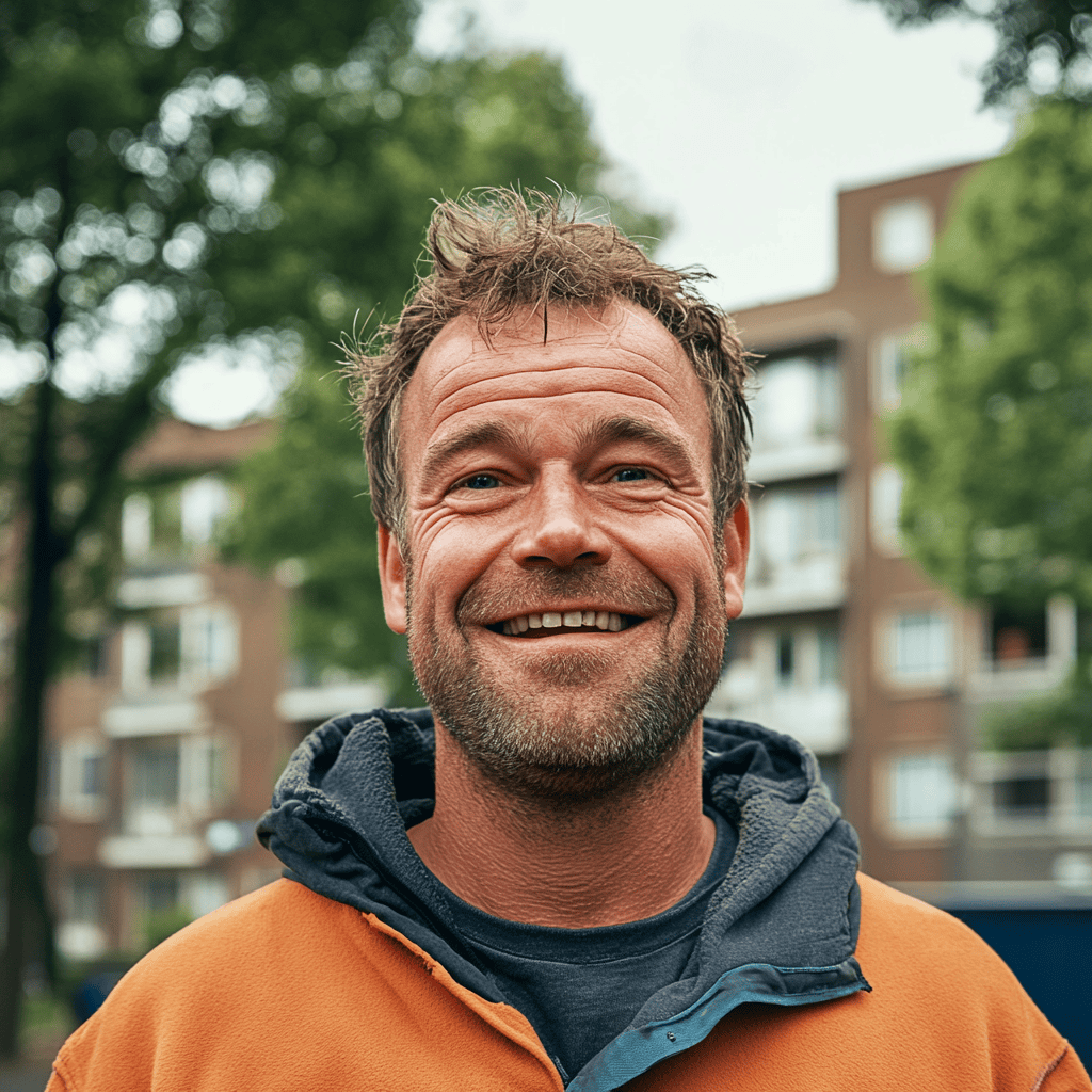 Man met oranje kleding kijkt recht in camera