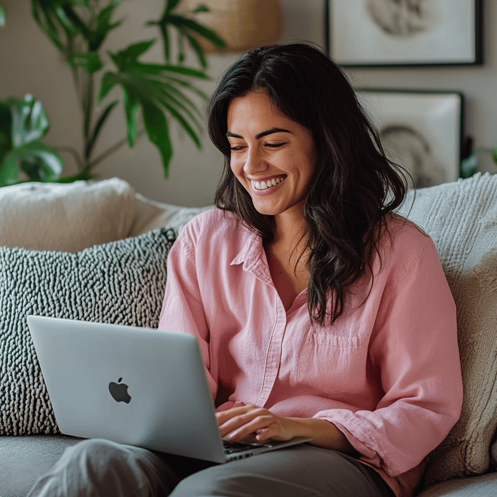Blije vrouw achter laptop na het zien van de mogelijkheden met dynamische energiecontracten