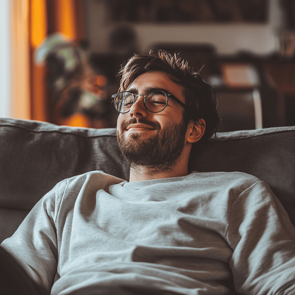 Tevreden man ligt op bank na het afsluiten van een dynamisch energiecontract