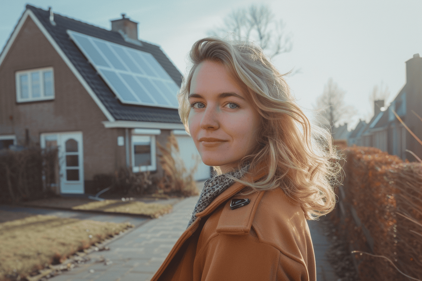 Blonde vrouw bij huis met zonnepanelen 