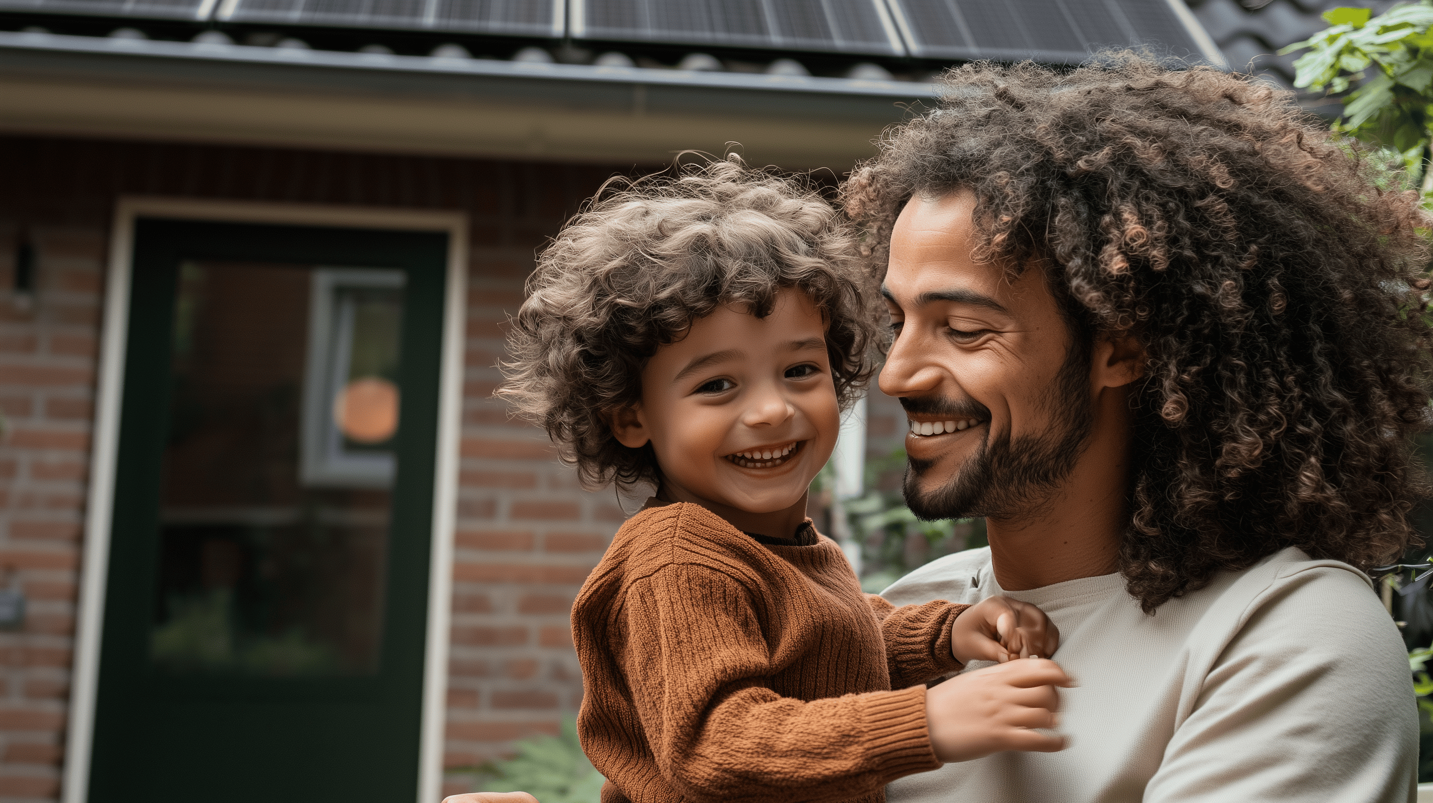 Blije man en kind voor huis met zonnepanelen