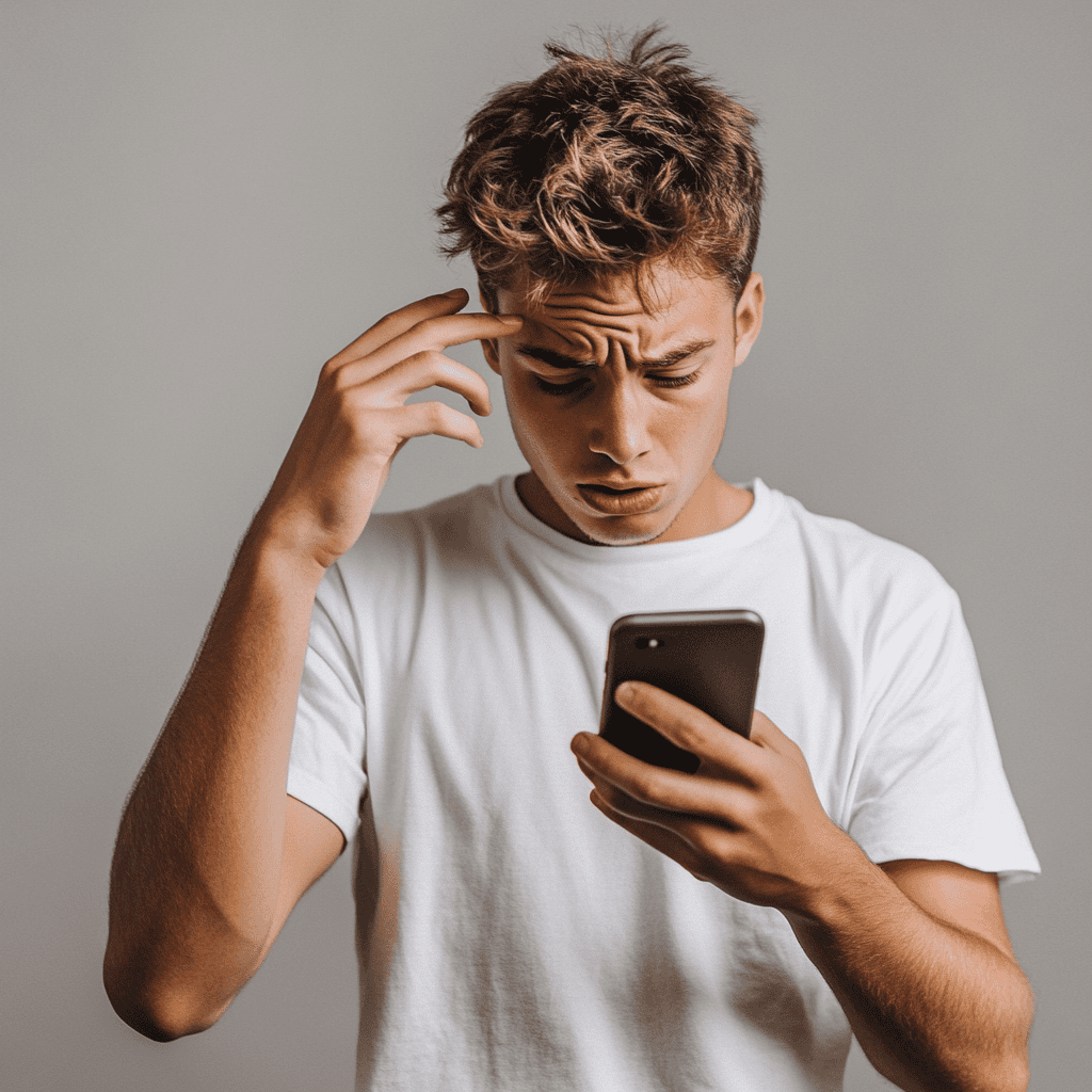 Jongen kijkt moeilijk naar zijn telefoon omdat hij niet duidelijk kan zien welke kosten er zitten aan een vast energiecontract